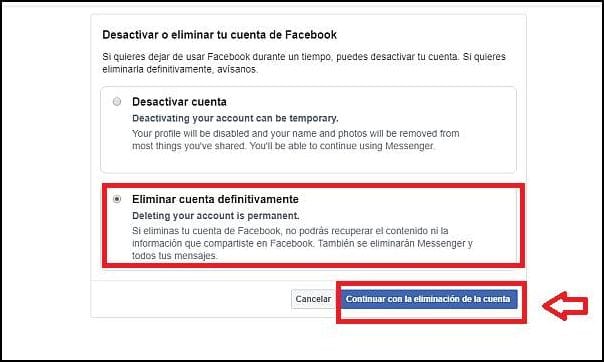 eliminar cuenta Facebook
